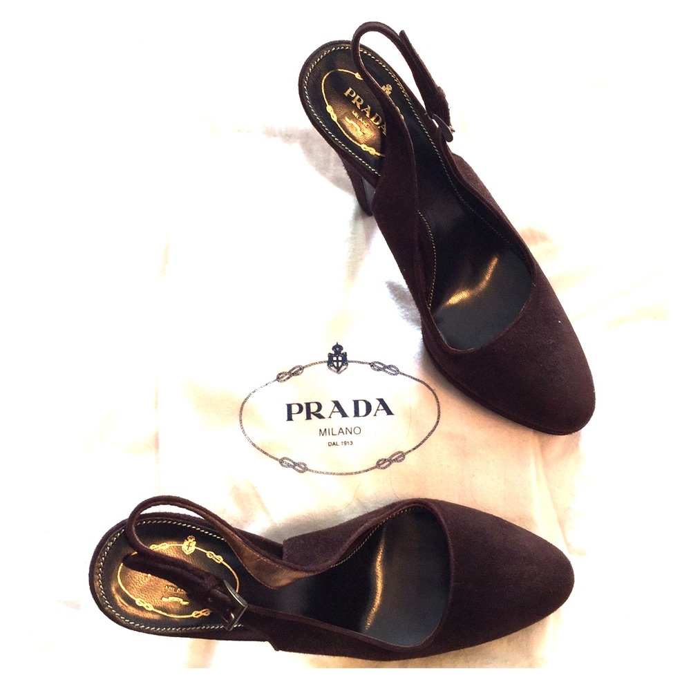 Authentic Prada brown suede sling back heels