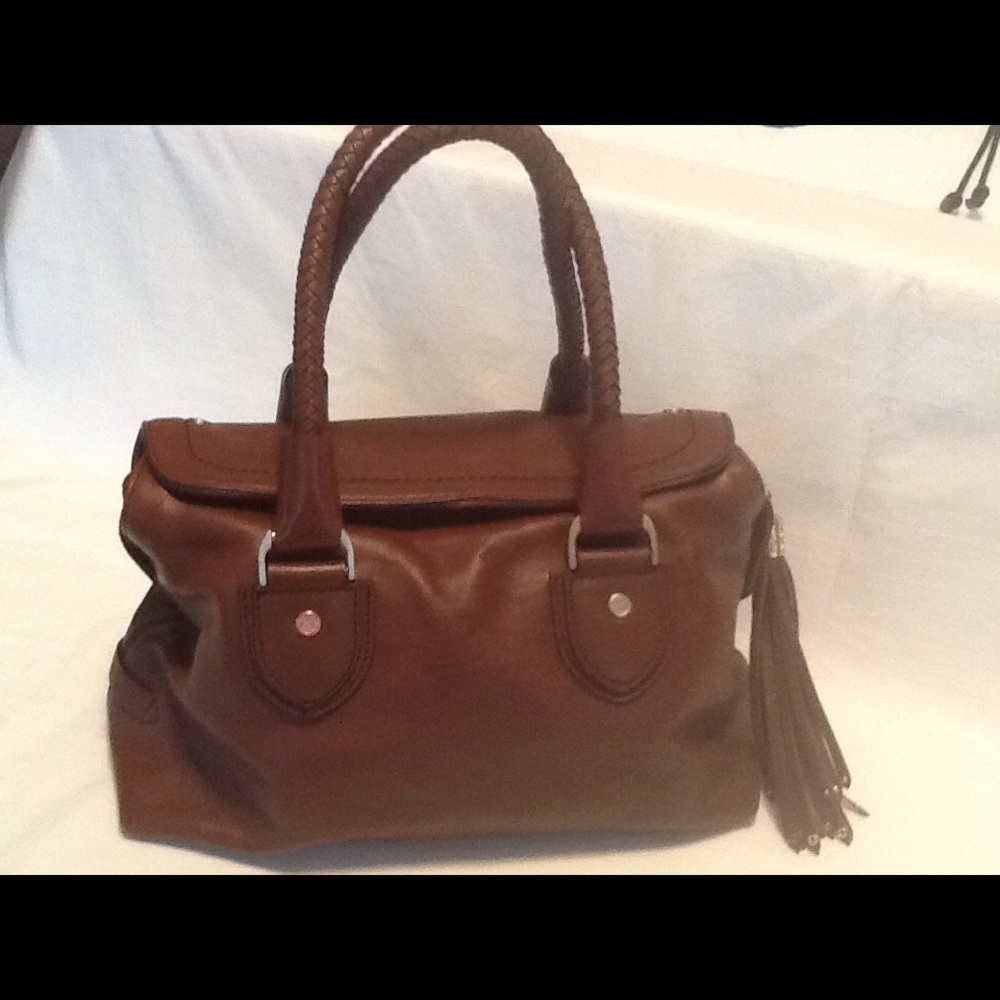 COLE HAAN brown leather satchel bag with tassel