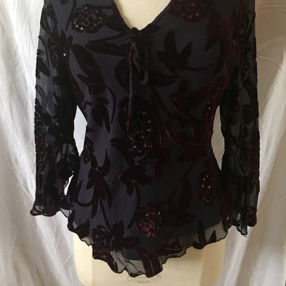 Carole Little Velvet Blouse Maroon Long sleeve Sm