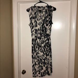 Black and white leopard print faux wrap dress.