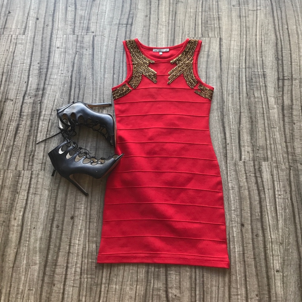 Red bodycon bandage dress, with embellishment
