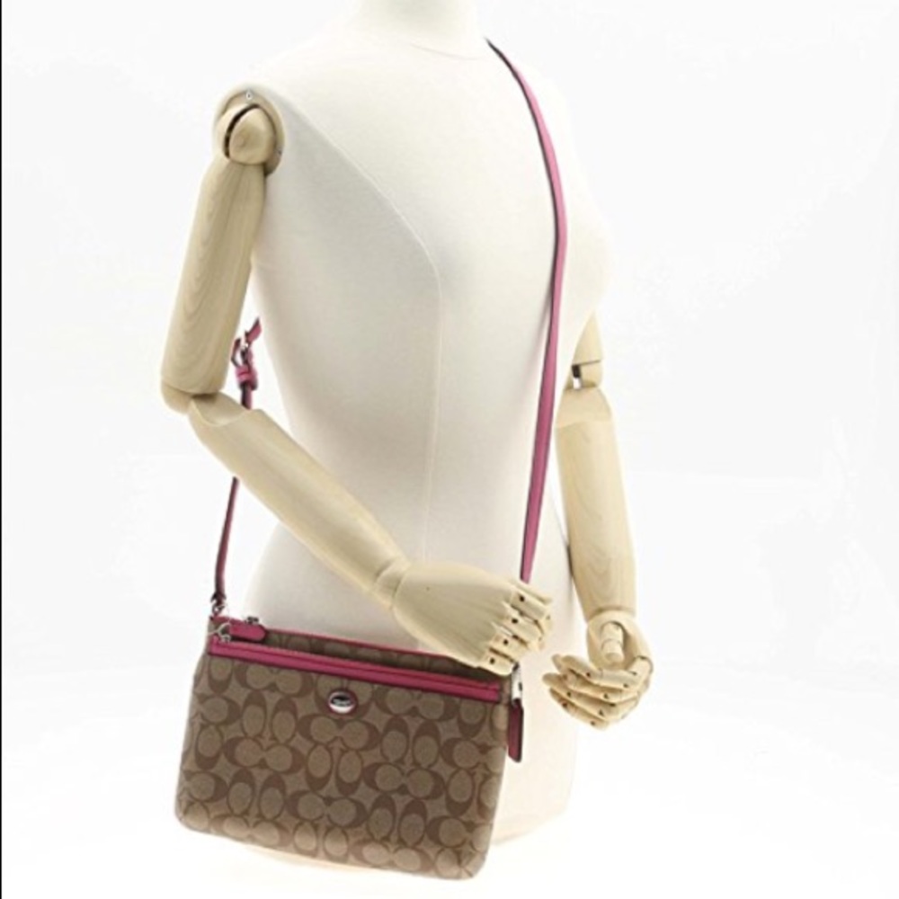 Coach Peyton Signature Khaki Fuchsia Crossbody