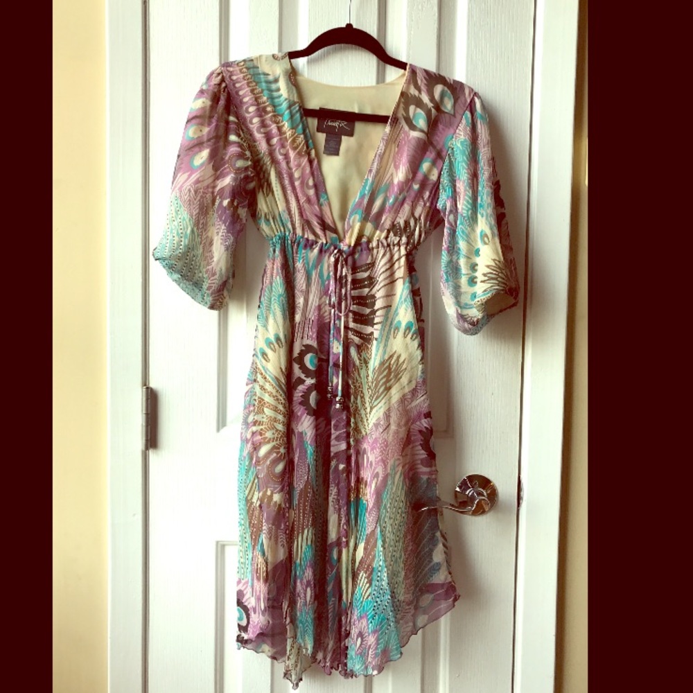 Silk Empire Waist Dress with Peacock Print