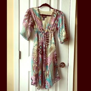 Silk Empire Waist Dress with Peacock Print