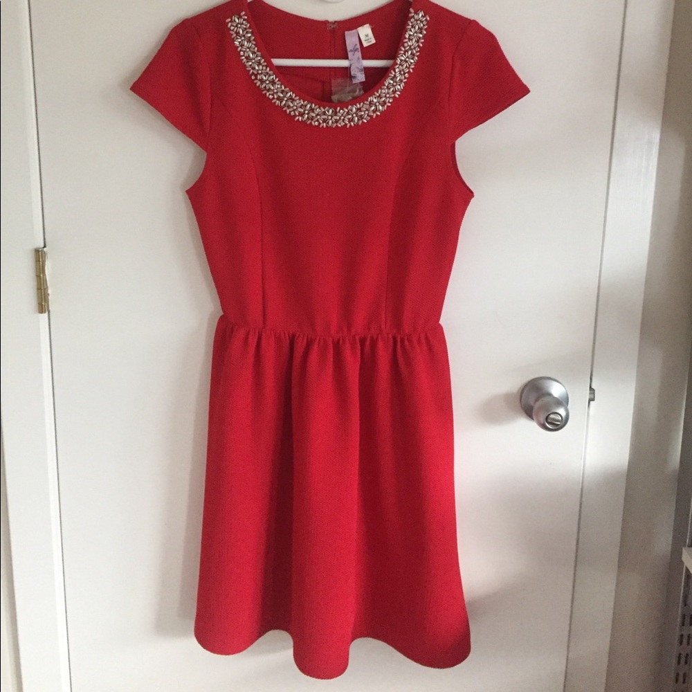Red dress with embellished neck