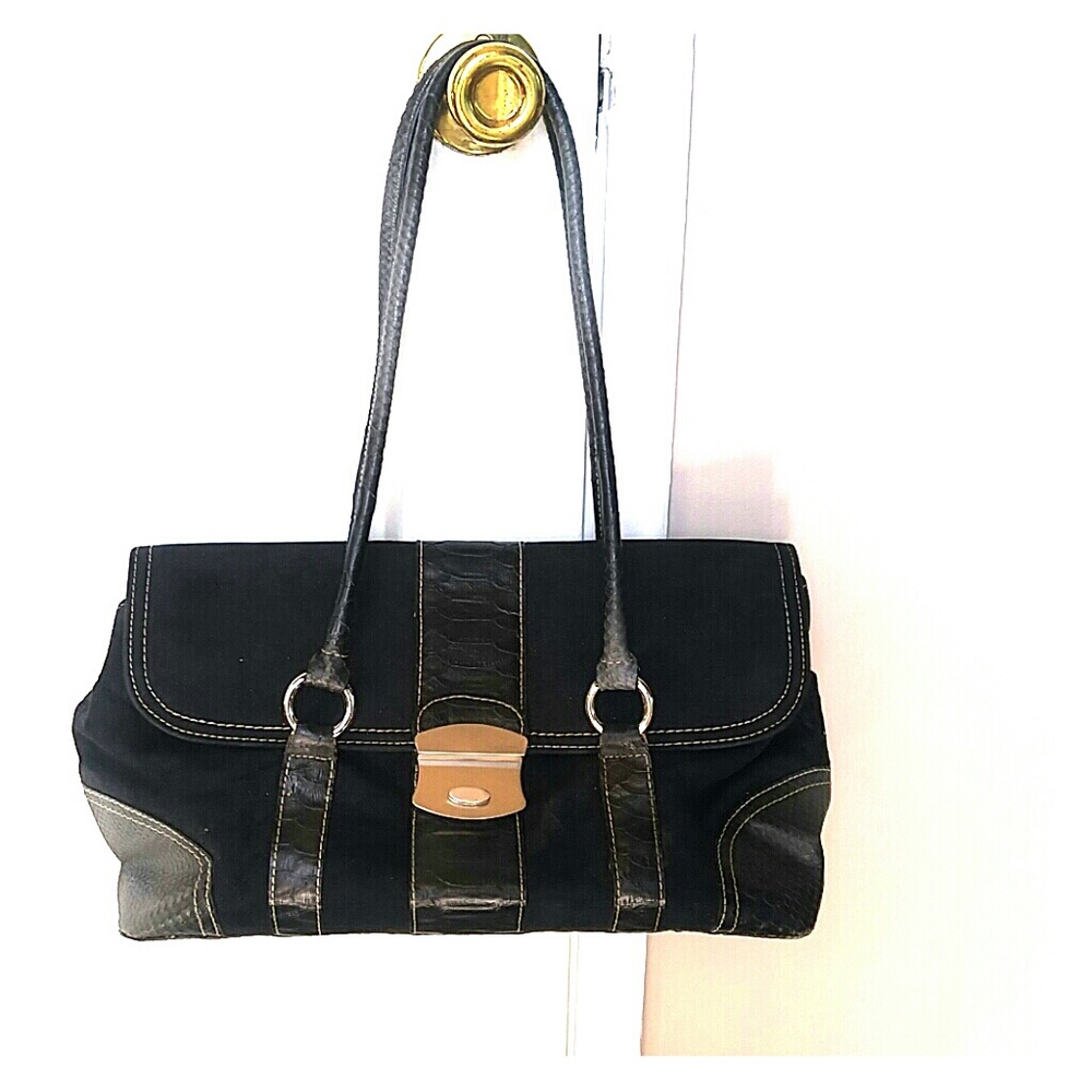 Black faux suede shoulder bag.