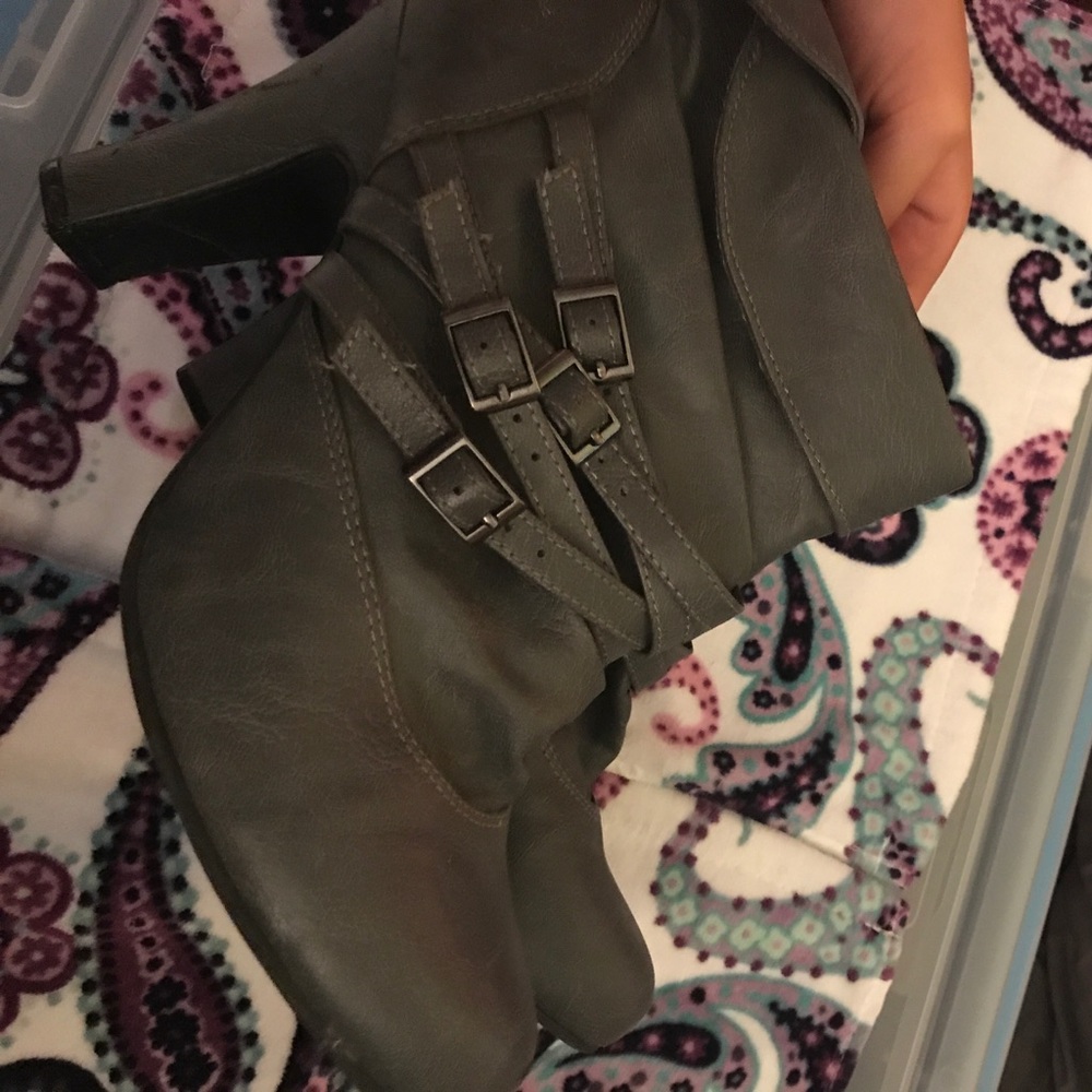 Grey buckle high heeled booties