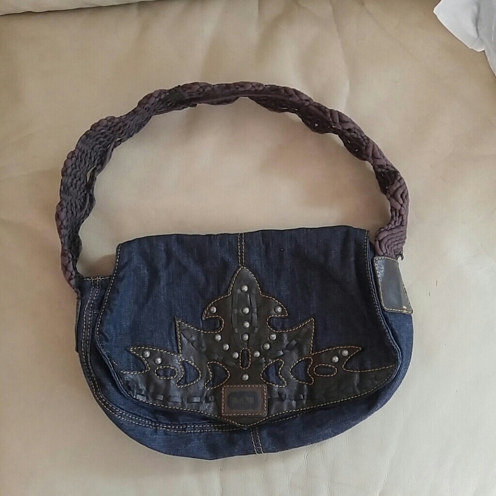 Blue Denim and brown vegan leather shoulder bag.