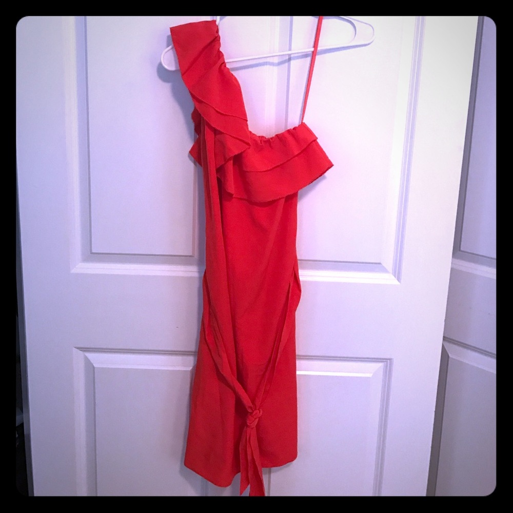 BRIGHT ORANGE ONE SHOULDER RUFFLED SILK DRESS