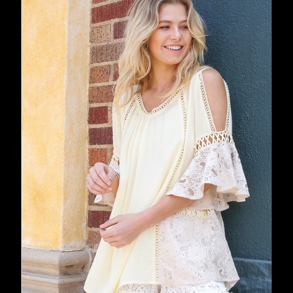 Yellow Cold Shoulder Top With Lace - Picture 2 of 5