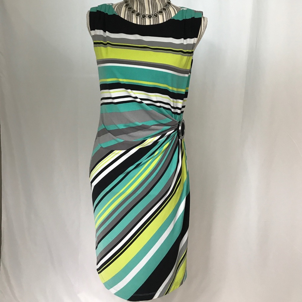 Tahari teal lime black white grey dress