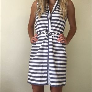 Navy blue and white stripe button up dress