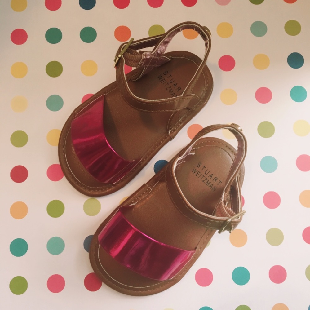 Open toe sandals with pink metallic  brown straps