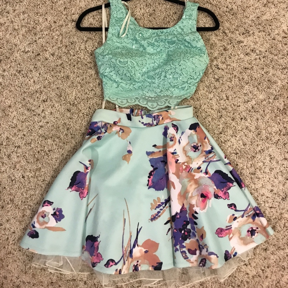 Mint green and floral two piece formal dress