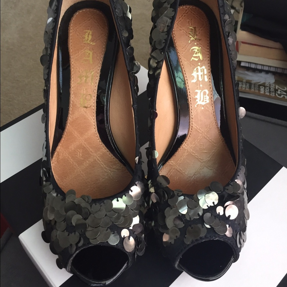 L.A.M.B Sequin Peep Toe Heels Sz 6