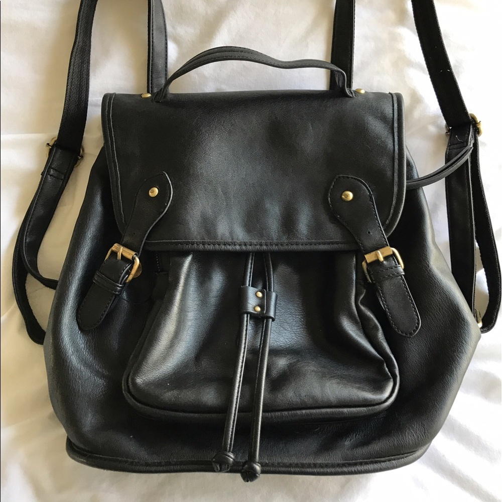 Black faux leather backpack