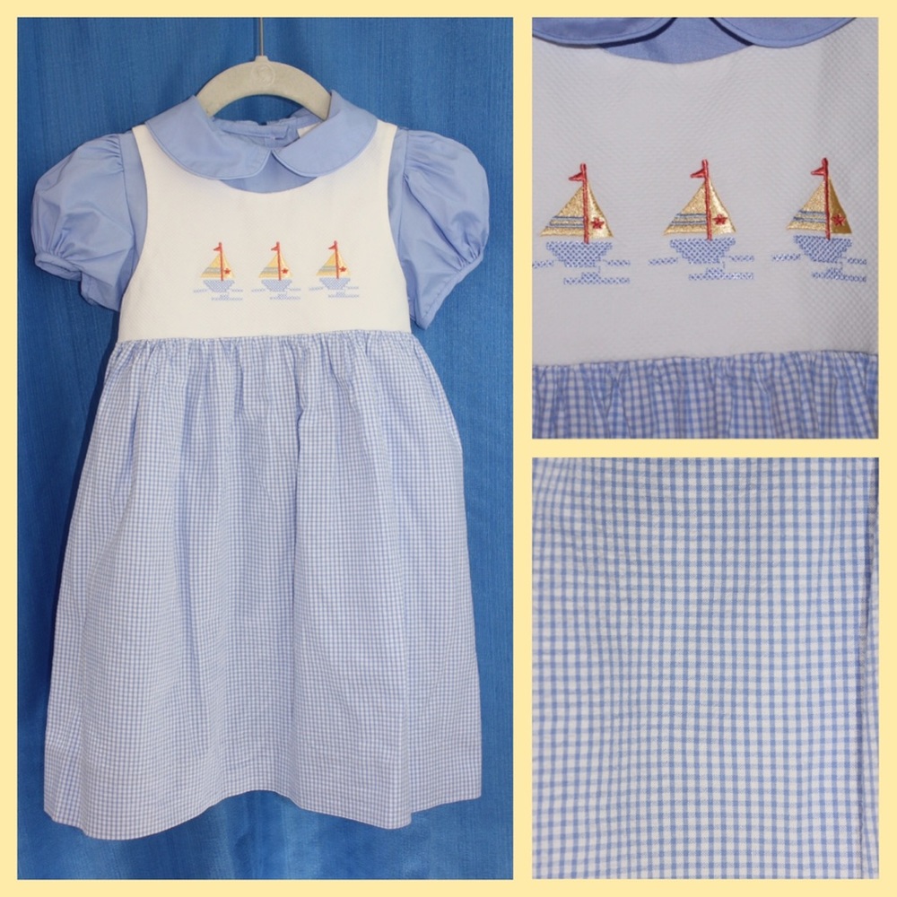 Gingham Seersucker Dress, Embroidered Sailboats
