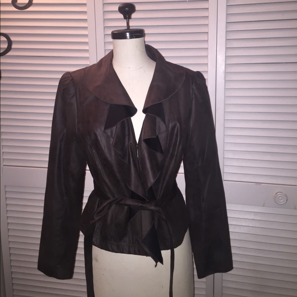 Faux suede chocolate brown ruffle light jacket