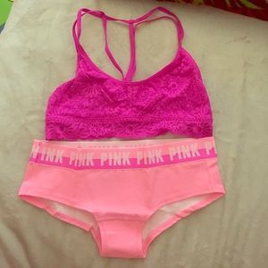 Unlined lace strappy-back bralette & panty- PINK