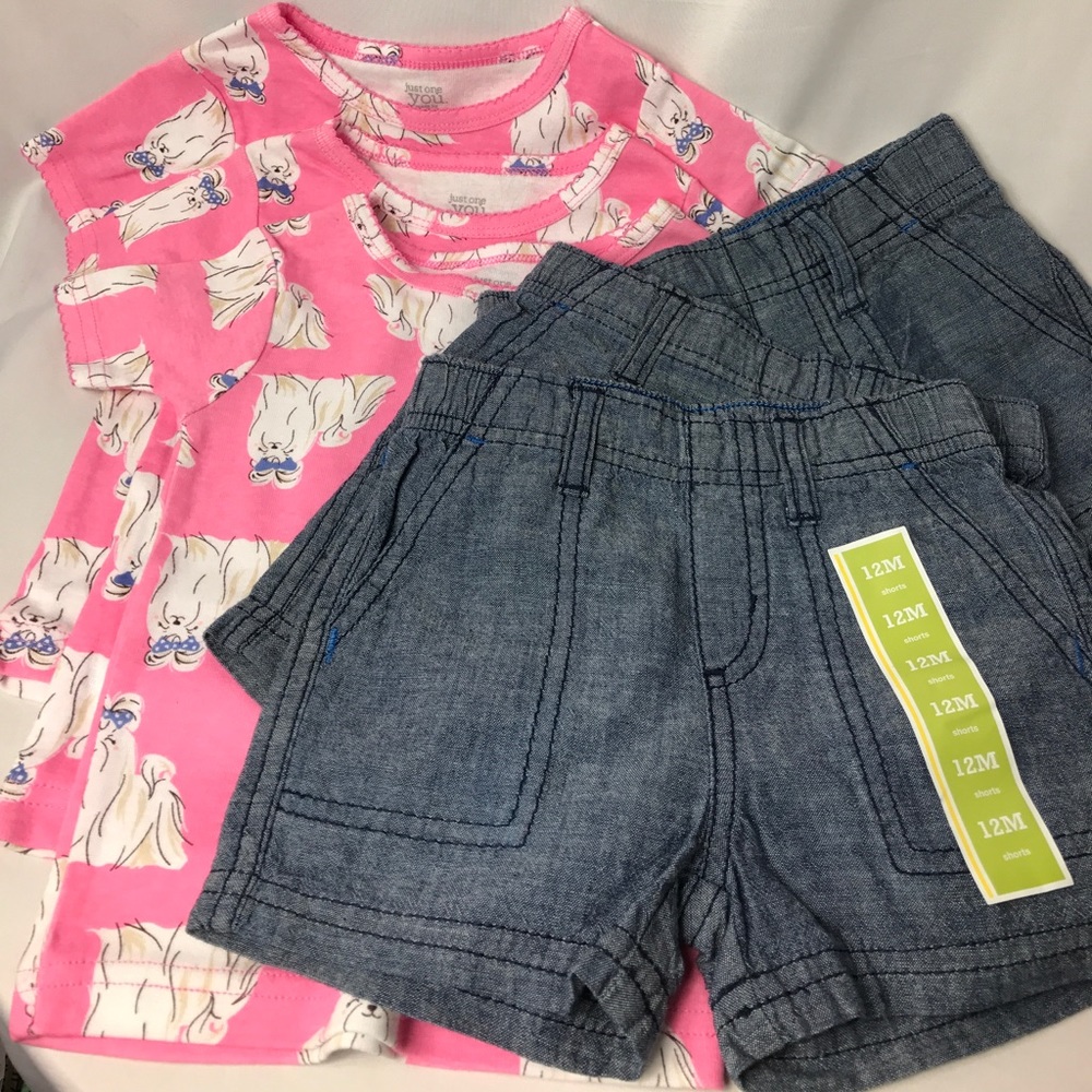 Triplets bundle.  Six pieces Pink top denim shorts