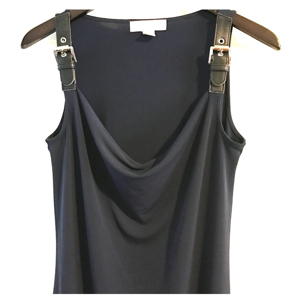 Slinky navy dress with black leather shoulders