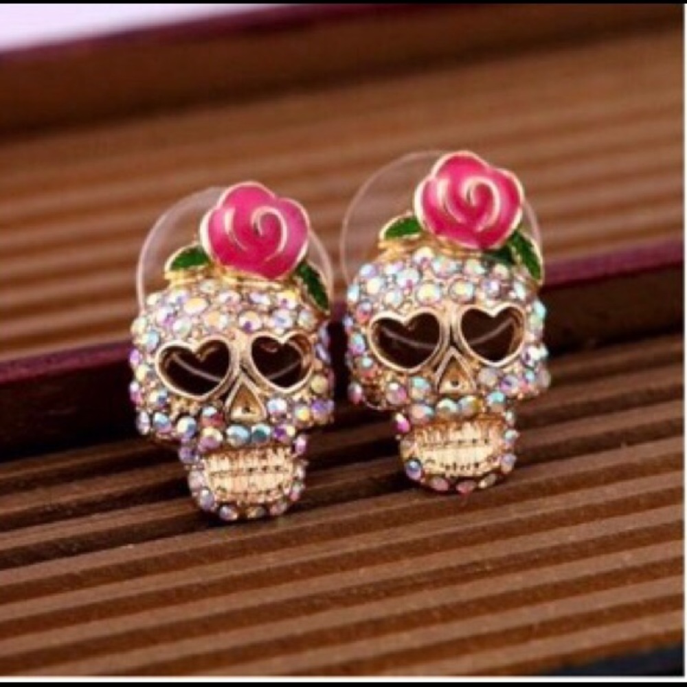 🌷PINK ROSE SKULL EARRINGS🌷