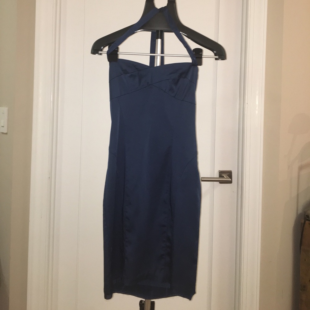 Fitted halter sweetheart navy blue mini dress