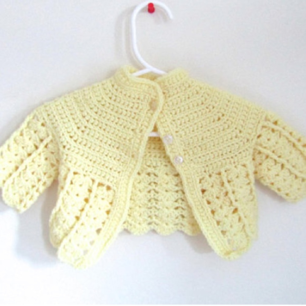 Hand knit Infant Newborn Yellow Cardigan Sweater