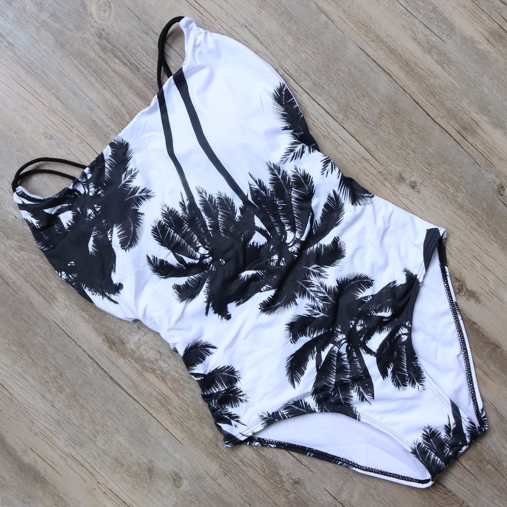 One Piece Black and White Palm Tree Swimsuit