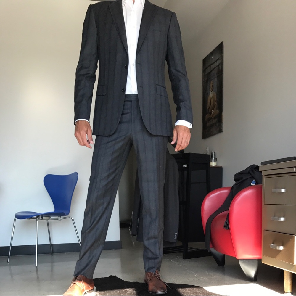 Men's w/ blue grey 2-button slim fit suit.