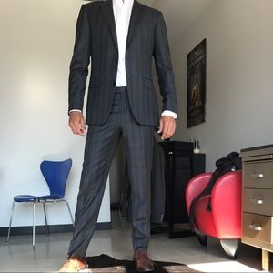 Men's w/ blue grey 2-button slim fit suit.