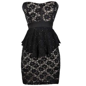 Black lace strapless peplum dress