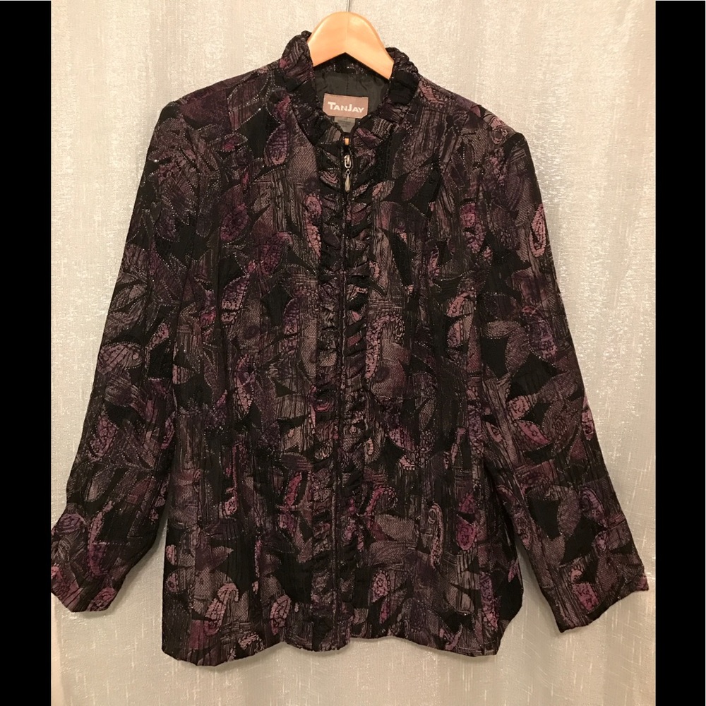 Black w/purple print front zip jacket