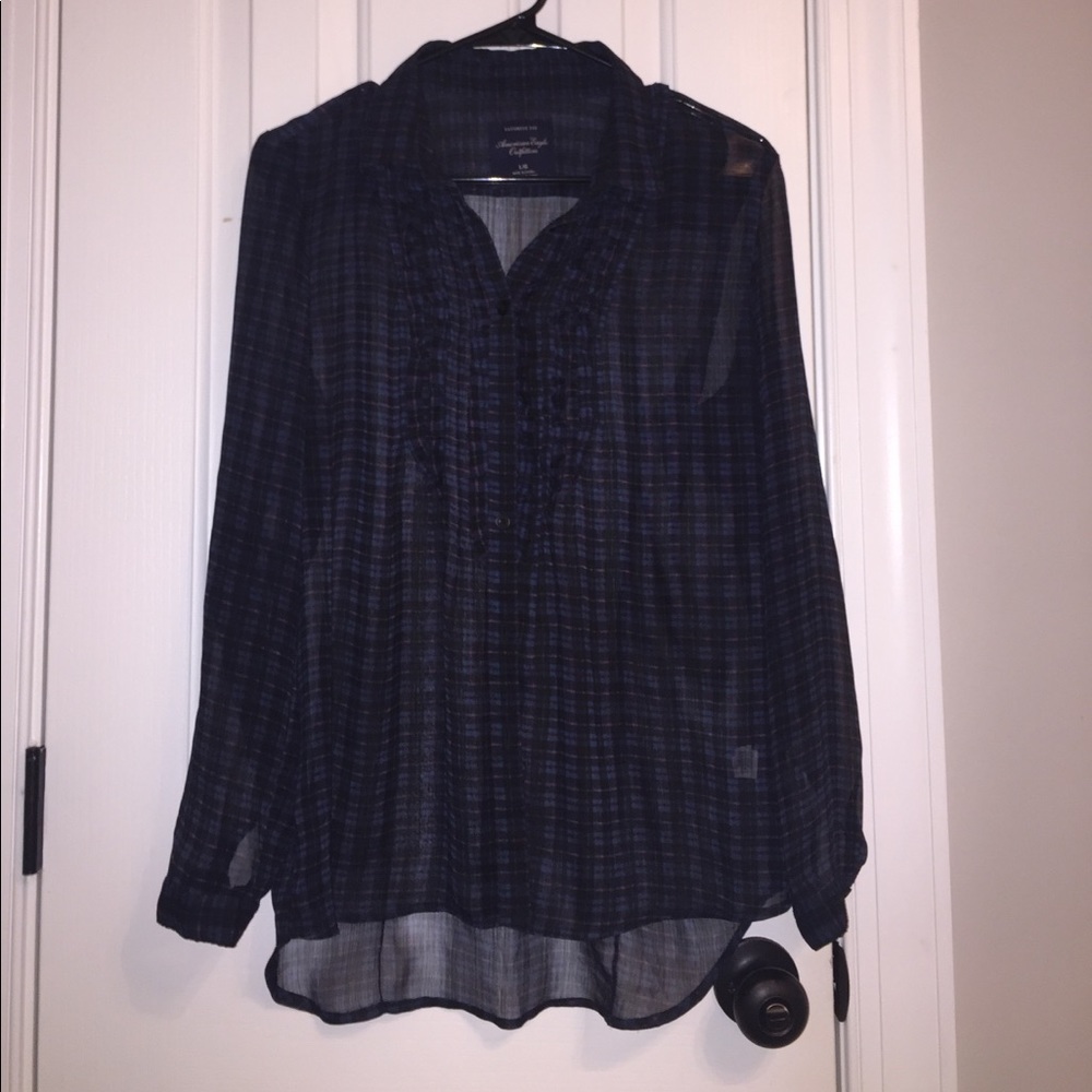 sheer plaid button-up blouse with ruffle placket