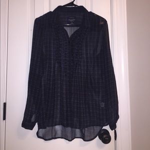 sheer plaid button-up blouse with ruffle placket