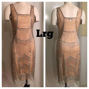 Unique Vintage nude with silver beading dress sz L