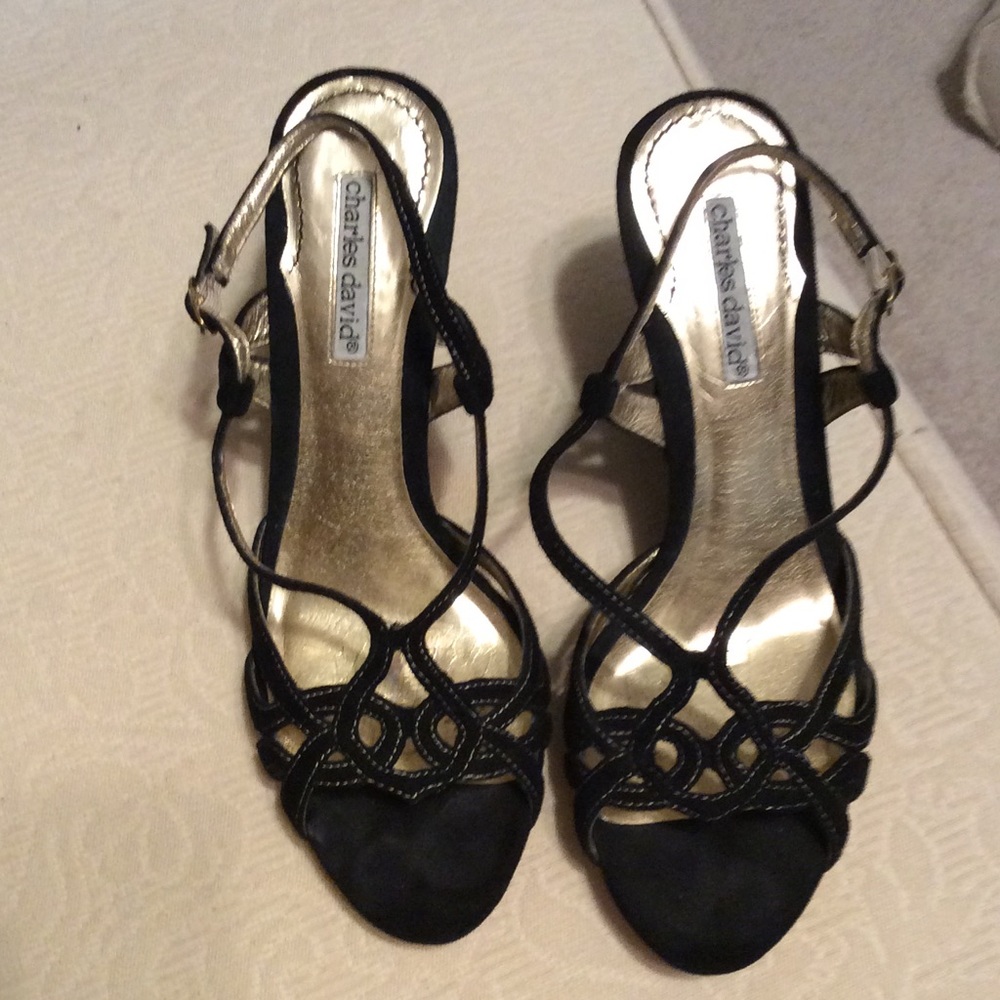 Black suede wedge sandals
