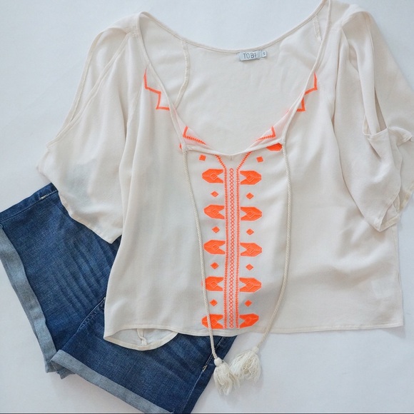 Tobi Tops - Tobi boho cold-shoulder neon embroidery top small
