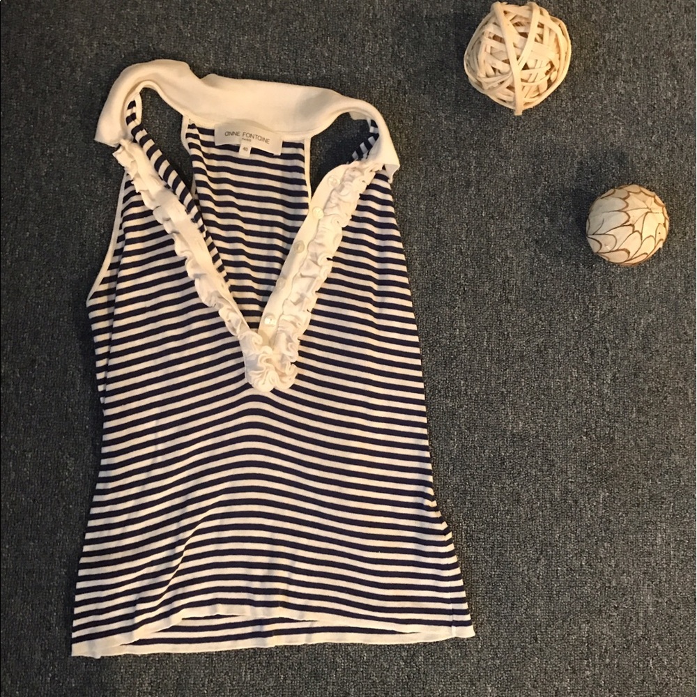 ANNE FONTAINE BLUE STRIPED RUFFLE SLEEVELESS POLO