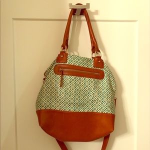 Basket-weave teal and cream hand bag faux leather