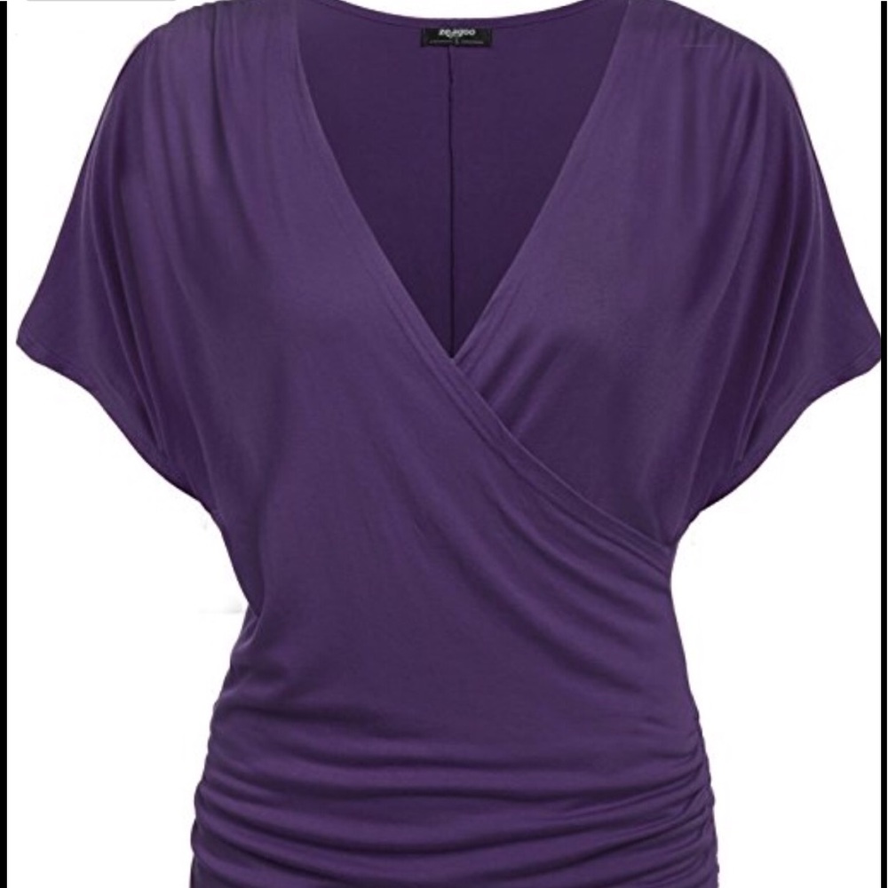 V Neck Short Sleeve Wrap Front Side Shirring Blous