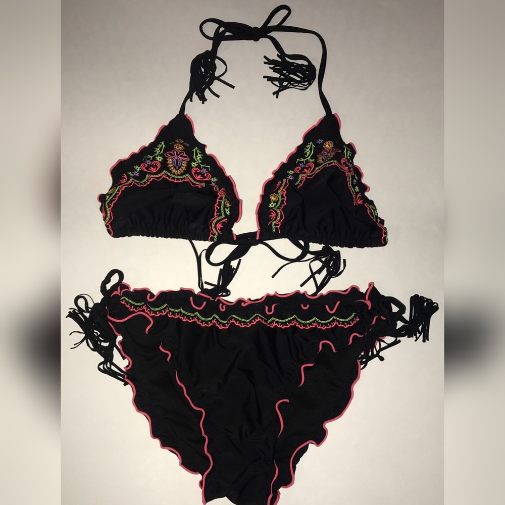 Black Embroidered Ruffle Swimsuit