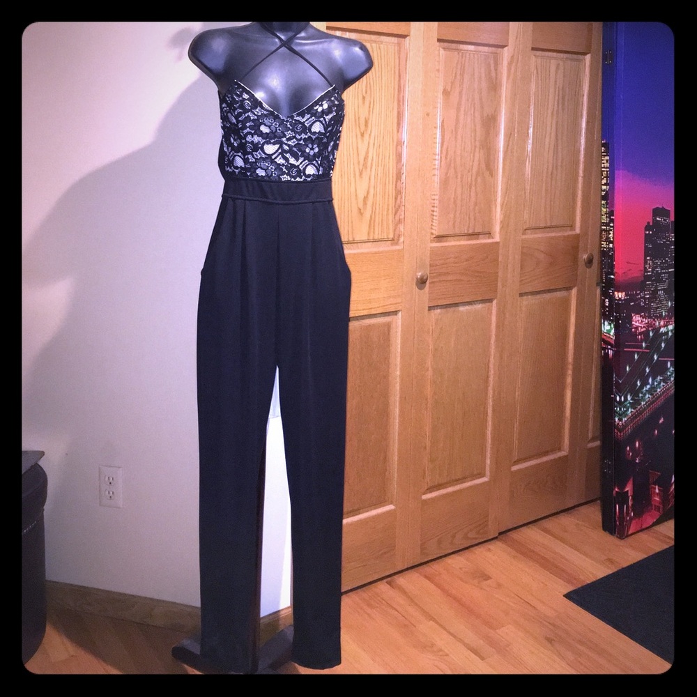 Dressy backless stretchy romper/jumpsuit with lace - Picture 1 of 6