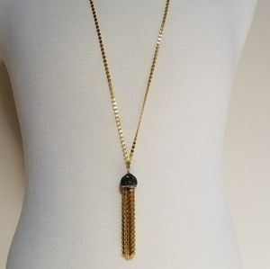 Long Matte Gold Rhinestone Tassel Necklace