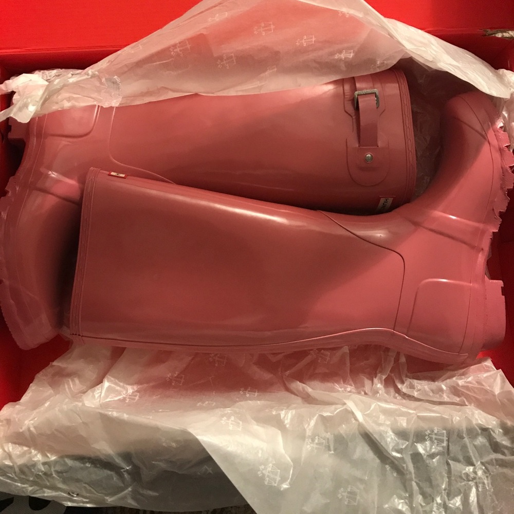 Pink glossy hunter boots