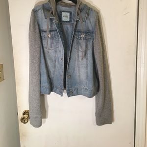 jean jacket with grey sweatshirt sleeve and hoodie