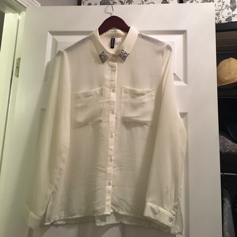 Rhinestone Collar Cream Blouse