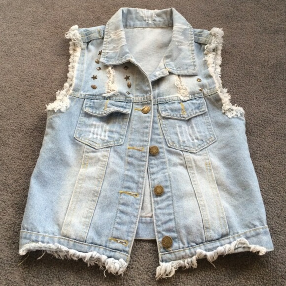 Denim Distressed Vest with Studs - **worn once**