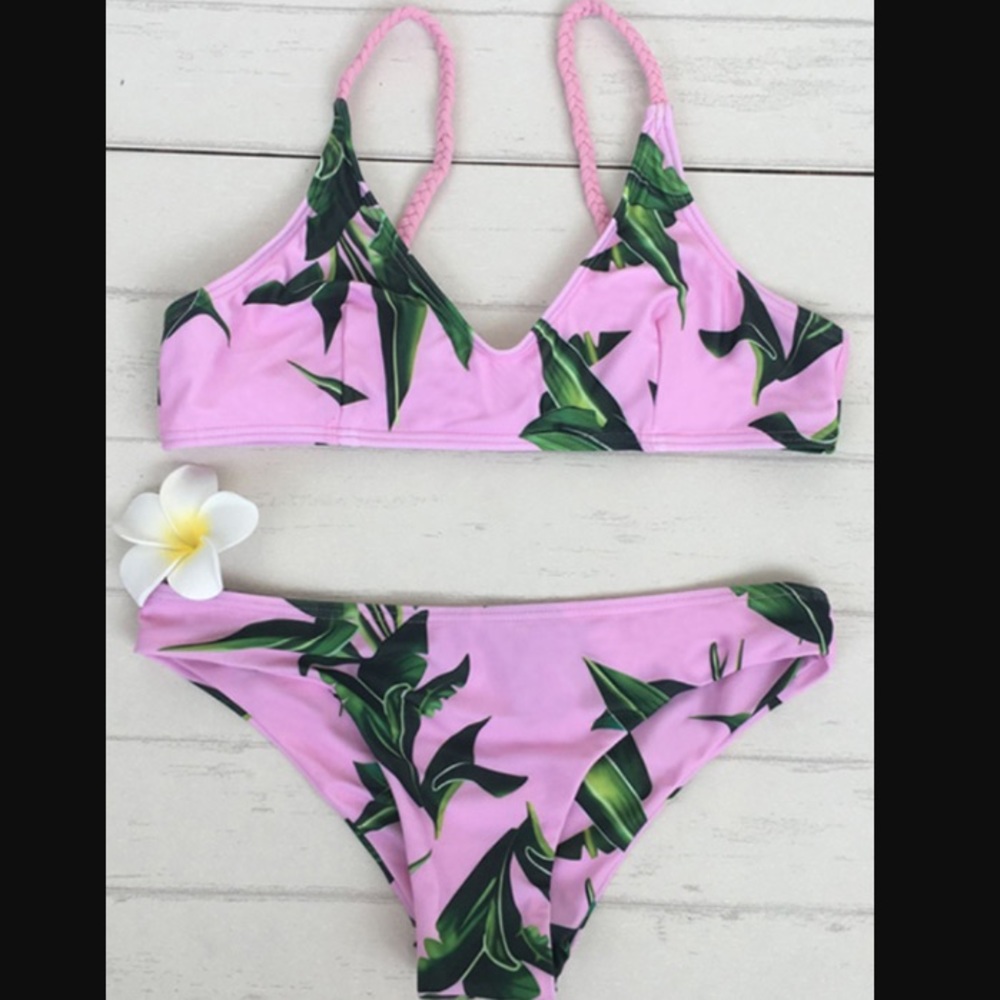 Braided Strap High Cut Bikini- Pink