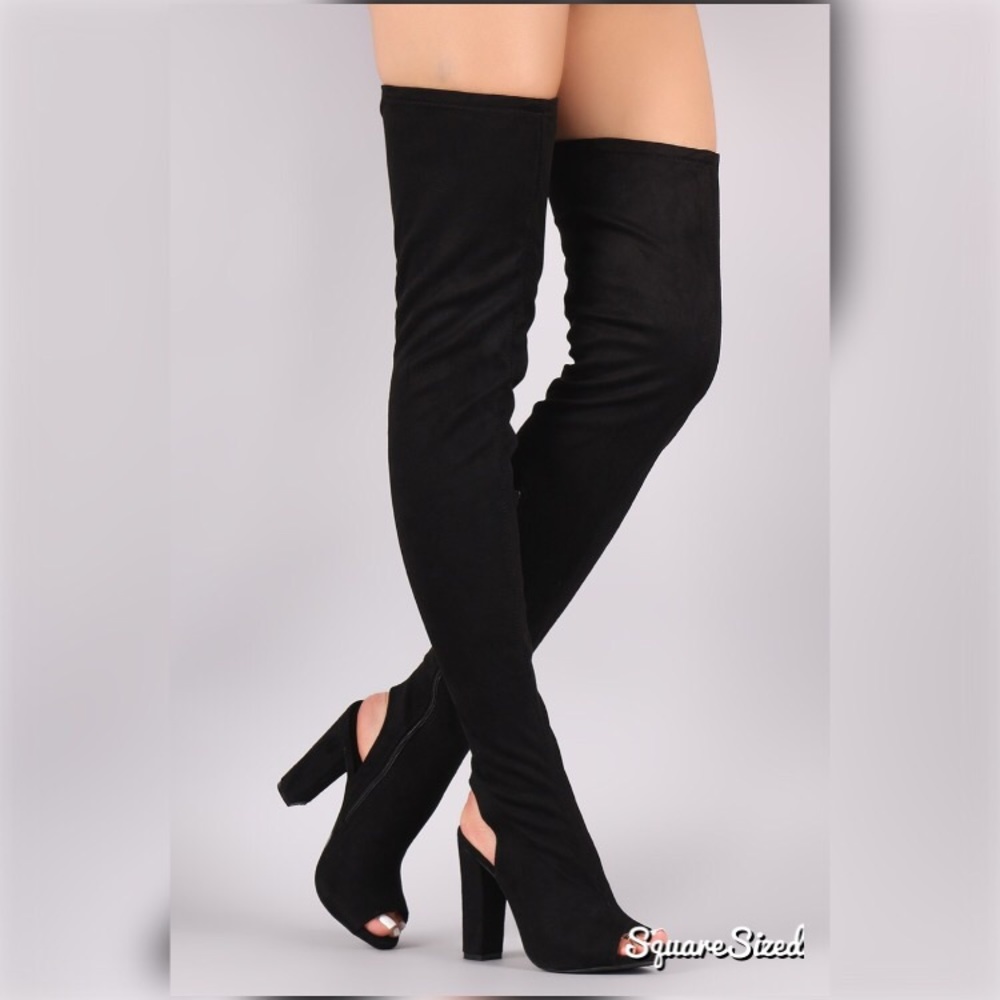 ✨ Black Thigh High Fitted Open Toe Boots